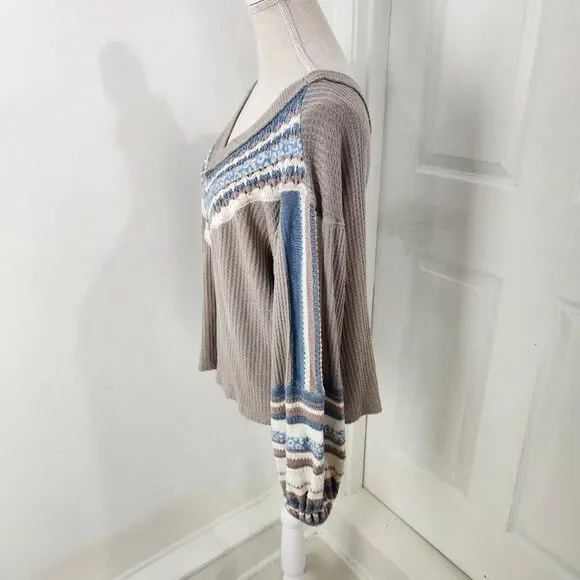 Free People Sweater Womens XS Copenhagen Thermal Waffle Contrasting Sleeves - Picture 5 of 16